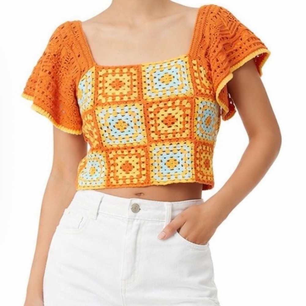Circus NY Crochet Granny Square Crop Top | Size S | Retro Boho